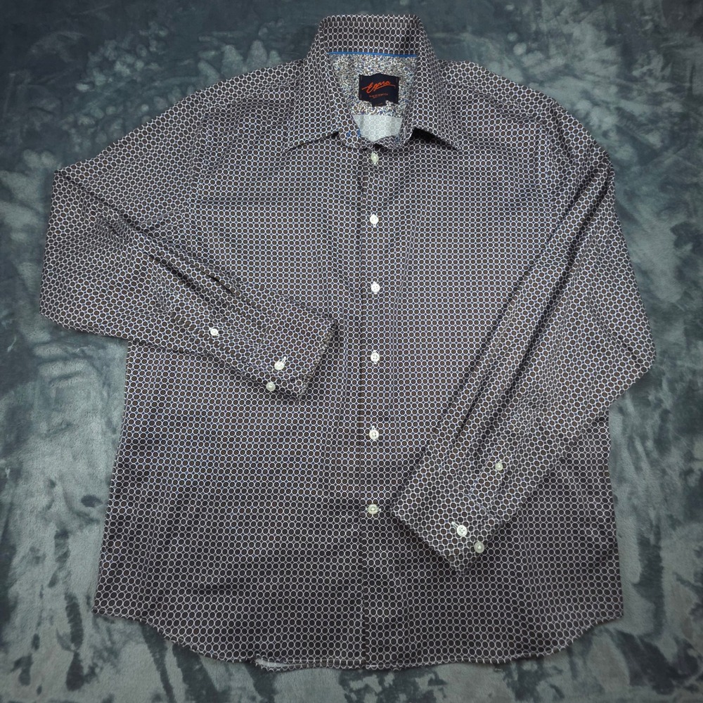 Egara Mens XL Slim Fit Stretch Non Iron Button Down Shirt Geometric Navy Brown